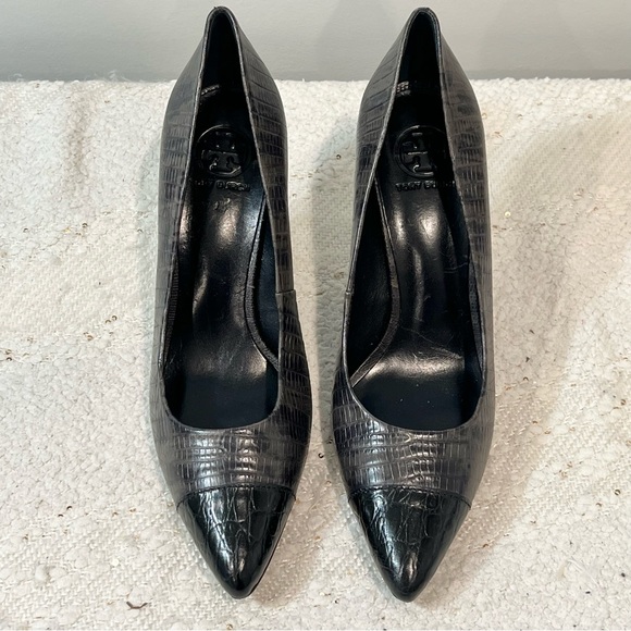Tory Burch Heels Gray/Black Snake and Croc Print Leather Pointed Toe Pumps 9.5 - Picture 3 of 12